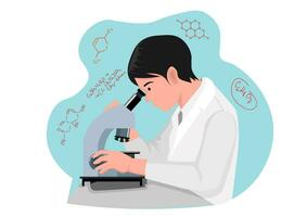 Wissenschaftler Arbeiten im Labor, Mann oder Arzt suchen durch Mikroskop. studieren und Dirigieren Experimente im Kliniken Labor. Vektor im eben Karikatur Stil