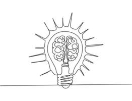 Eine durchgehende Strichzeichnung einer leuchtenden Glühbirne mit einem menschlichen Gehirnorgan im Symbol-Logo-Emblem. Nahrungsergänzungsmittel Symbol Logo Vorlage Konzept. moderne grafische Darstellung des einzeiligen Draw-Designs vektor