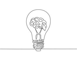 Eine einzige Strichzeichnung einer sauberen Glühbirne mit menschlichem Gehirn für die Logoidentität eines medizinischen Unternehmens. Kreatives Konzept für das Symbol der psychischen Gesundheitstherapie. trendige durchgehende Linie zeichnen Design-Vektor-Illustration vektor