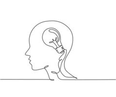 eine durchgehende Strichzeichnung des menschlichen Kopfes mit Glühbirne im Symbol-Logo-Emblem. Kreativität Prozess Symbol Logo Vorlage Konzept. moderne grafische Darstellung des einzeiligen Draw-Designs vektor