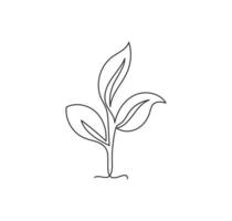 en enda radritning av naturlig grön organisk plantage för jordbrukets logotypidentitet. växtknopp ekologi ikon koncept från tillväxt blad form. trendig kontinuerlig linje rita design vektor illustration