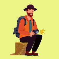 resande i en hatt och ryggsäck är Sammanträde på en stubbe, med en kamera i hans händer, manlig fotograf med en nöjd ansikte. vektor isolerat illustration.