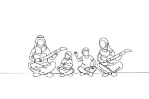 einzelne durchgehende Strichzeichnung eines jungen arabischen Paares, das Gutiae spielt und zusammen mit Kindern singt. islamisches muslimisches glückliches familienkonzept der elternschaft. trendige einzeilige design-vektorillustration vektor