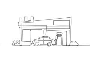 Einzeilige Zeichnung einer Tankstelle zum Auftanken von Autobenzin. Rastplatz Bau Gebäude isoliert Doodle minimales Konzept. trendige durchgehende Linie zeichnen Design-Grafik-Vektor-Illustration vektor