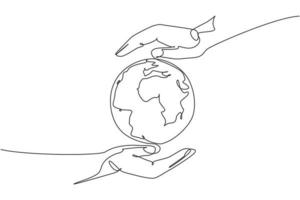 handhåll jordklotet. enda kontinuerlig rad världens globala karta grafisk ikon. enkel enradig doodle för miljökampanjkoncept. isolerad vektor illustration minimalistisk design på vit bakgrund