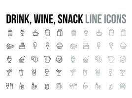 dryck, vin, mellanmål vektor tunn linje ikon samling