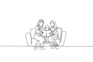 Single One-Line-Zeichnung junge arabische Mutter und Vater, die zusammen ein Buch auf dem Sofa mit ihrer Mädchenvektorillustration lesen. glückliches islamisches familienerziehungskonzept. Grafikdesign mit durchgehender Linie vektor