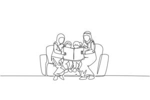 einzelne durchgehende Strichzeichnung einer jungen arabischen Familie, die zusammen auf dem Sofa sitzt und ein Buch liest. islamisches muslimisches glückliches familienkonzept der elternschaft. trendige einzeilige Grafik-Draw-Design-Vektor-Illustration vektor