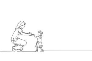 Eine einzige Strichzeichnung der jungen Mutter, die bereit ist, die Tochter zu umarmen, die gelernt hat, zu Hause auf sie zuzugehen Vektorgrafik. glückliches familienerziehungskonzept. modernes Grafikdesign mit durchgehender Linienzeichnung vektor