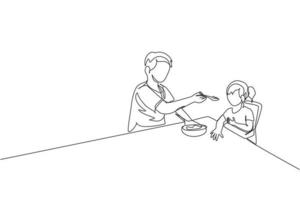 en kontinuerlig radritning ung pappa som matar sin sjuka feberdotter medan han sitter på matstolen hemma. lycklig familj föräldraskap koncept. dynamisk enkel linje rita design vektor grafisk illustration