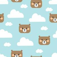 sömlös mönster av brun teddy björnar, och vit moln, blå bakgrund söt tapet för gåva omslag papper, textil, färgrik vektor för ungar, platt stil