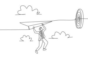enda kontinuerlig linje som ritar ung affärsman som hänger på flygande pappersflygplan till målet. affärsmål metafor koncept. minimalism dynamisk en linje dragning. grafisk design vektor illustration