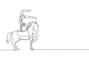 kontinuierliche eine linie, die eine akrobatin auf einem zirkuspferd aufführt, während sie zu pferd einen handstandtanz aufführt. das Pferd hebt eines seiner Beine. Einzeilige Zeichnungsdesign-Vektorillustration vektor