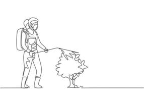 kontinuerlig en linje ritning kvinnlig lantbrukare, komplett med en mask, sprayar plantorna med en desinfektionsspruta. jordbruk minimalistiska koncept. enkel linje rita design vektor grafisk illustration.