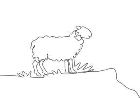 en enda kontinuerlig linjeteckning av fåren stod på ängskanten och letade efter mat. framgångsrikt jordbruk minimalism koncept. dynamisk en linje rita grafisk design vektor illustration.
