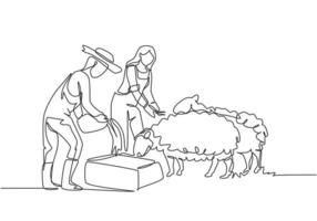 Kontinuierlich ein Strichzeichnungspaar Bauern füttern die Schafe, damit die Schafe gesund sind und das beste Fleisch produzieren. minimalistisches Konzept. einzelne Linie zeichnen Design-Vektor-Grafik-Darstellung. vektor