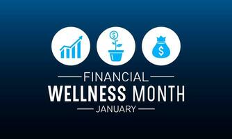 finanziell Wellness Monat ist beobachtete jeder Jahr im Januar. Januar ist finanziell Wellness Monat. niedrig poly Stil Design. Vektor Vorlage zum Banner, Gruß Karte, Poster mit dunkel Blau Hintergrund.