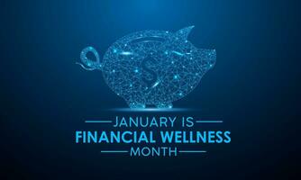 finansiell wellness månad är observerats varje år i januari. januari är finansiell wellness månad. låg poly stil design. vektor mall för baner, hälsning kort, affisch med mörk blå bakgrund.