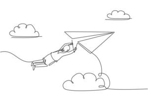 Kontinuierliche Zeichnung einer jungen Arbeiterin, die an einem fliegenden Papierflugzeug hängt. erfolgsgeschäftsführer. Metapher minimalistisches Konzept. trendige Single-Line-Draw-Design-Vektorgrafik-Illustration vektor