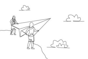 Single One-Line-Zeichnung von zwei jungen Geschäftsfrauen lassen Papierflugzeug von der Spitze des Berges frei. Unternehmensziel. Metapher minimales Konzept. moderne durchgehende Linie zeichnen Design-Grafik-Vektor-Illustration vektor