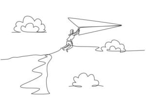 kontinuerlig en linje ritning ung kvinnlig arbetare hoppa till flygande pappersplan från översta klippan. framgång affärschef. metafor minimalistiskt koncept. enkel linje rita design vektor grafisk illustration