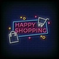 Neon- Zeichen glücklich Einkaufen mit Backstein Mauer Hintergrund Vektor