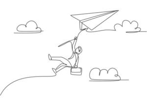 kontinuerlig en ritning av ung manlig arbetare som hänger tätt på flygande pappersflygplan. affärsutmaning, metafor koncept. minimalistisk trendig enkel linje rita design vektor grafisk illustration