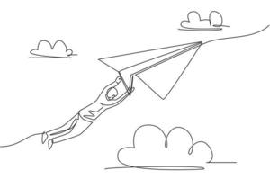 kontinuerlig en linje ritning ung manlig arbetare hålla och hänga hårt på flygande papper flygplan. affärsutmaning metafor. minimalistiskt koncept. trendig enkel linje rita design vektor grafisk illustration
