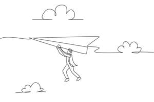 Kontinuierliche einzeilige Zeichnung junger männlicher Arbeiter, der fest am fliegenden Papierflugzeug hängt. Erfolg Geschäft Herausforderung Metapher minimalistisches Konzept. trendige Single-Line-Draw-Design-Vektorgrafik-Illustration vektor