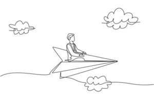 Einzelzeichnung eines jungen intelligenten Geschäftsmannes, der mit Papierflugzeugen fliegt, entspannen und kühlen. Geschäftsreise-Metapher-Konzept. moderne durchgehende Linienzeichnung. minimale Design-Grafik-Vektor-Illustration vektor