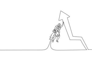 Kontinuierliche Zeichnung einer jungen Arbeiterin, die mit Jetpack hochfliegt und den Pfeil hochhält. Erfolg Geschäftswachstum minimalistisches Konzept. trendige Single-Line-Draw-Design-Vektorgrafik-Illustration vektor