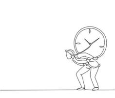 Einzelzeichnung eines jungen Geschäftsmannes, der eine schwere große analoge Uhr mit dem Rücken schulterte. Business Time Disziplin Metapher Konzept. moderne durchgehende Linie zeichnen Design-Grafik-Vektor-Illustration vektor