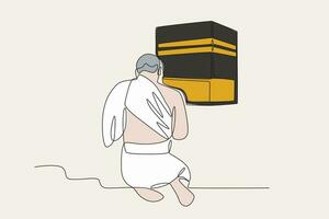 Farbe Illustration von ein Mann Sitzung beten im Vorderseite von das Kaaba vektor