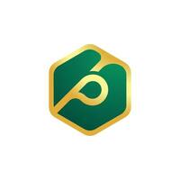 de brev p med hexagonal logotyp för de företag är grön och guld vektor