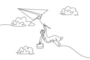 enda kontinuerlig linje ritning ung arabisk affärsman som hänger på rep av flygande pappersplan. företag överlever. minimalism metafor koncept. dynamisk en linje rita grafisk design vektor illustration
