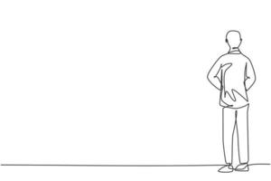 Kontinuierliche einzeilige Zeichnung des eleganten jungen Geschäftsmannes, der von der Rückansicht zurücksteht. Erfolg Business Manager Vision minimalistisches Konzept. trendige Single-Line-Draw-Design-Vektorgrafik-Illustration vektor