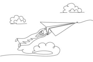 Single One-Line-Zeichnung des jungen arabischen Geschäftsmannes, der fest am Papierflugzeug hängt. Geschäftliche Herausforderung minimales Metapher-Konzept. moderne durchgehende Linie zeichnen Design-Grafik-Vektor-Illustration vektor