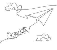 enda enradsteckning av ung arabisk affärskvinna som hänger på pappersflygplan. affärsutmaning minimal metafor koncept. modern kontinuerlig linje rita design grafisk vektor illustration
