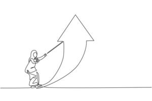 einzelne einzeilige Zeichnung der jungen intelligenten arabischen Geschäftsfrau, die das Pfeilzeichen-Symbol mit Seil zieht. minimales Konzept für das Geschäftswachstum. moderne durchgehende Linie zeichnen Design-Grafik-Vektor-Illustration vektor