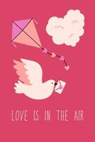 Valentinstag Tag Poster oder Karte mit Taube, Wolke und fliegend Drachen. Vektor Grafik.