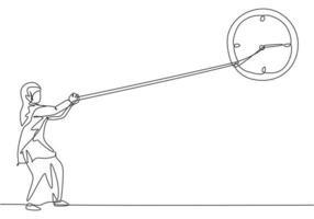 kontinuerlig en radritning ung arabisk kvinnlig arbetare som drar medurs av den stora analoga väggklockan med rep. tidshantering minimalistiska koncept. enkel linje rita design vektor grafisk illustration.