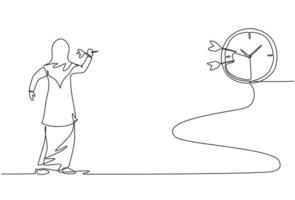 Eine einzige Strichzeichnung einer jungen arabischen Geschäftsfrau schlug mit einem Pfeil auf die analoge Uhr an der Wand. Business-Herausforderung Metapher-Konzept. durchgehende Linie zeichnen Design-Grafik-Vektor-Illustration. vektor