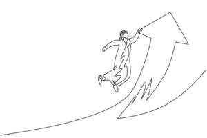 kontinuierliche eine linie, die junge arabische, gutaussehende männliche arbeiterin hält, die auf dem nach oben fliegenden pfeilsymbol hält. Erfolg Business Manager minimalistisches Konzept. trendige Single-Line-Draw-Design-Vektorgrafik-Illustration vektor