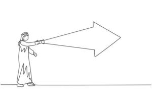 Kontinuierliche eine Linie, die junge arabische männliche Managerpfeil zeichnet, beleuchtet den Weg mit Taschenlampe. Erfolg Geschäftsvorweg minimalistisches Konzept. trendige Single-Line-Draw-Design-Vektorgrafik-Illustration vektor
