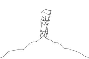 kontinuierliche eine linie, die junge arabische arbeiterin pflanzte erfolgsflagge auf der spitze des berges. Business Manager minimalistisches Konzept. trendige Single-Line-Draw-Design-Vektorgrafik-Illustration vektor