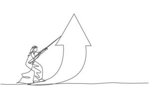 kontinuierliche eine linie, die junge arabische geschäftsleute zeichnet, die versuchen, den pfeil mit seil anzuheben. minimalistisches Konzept für die finanzielle Erhöhung des Unternehmens. trendige Single-Line-Draw-Design-Vektorgrafik-Illustration vektor