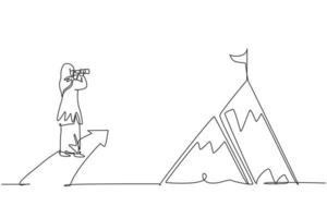 kontinuierliche eine linie, die junge arabische arbeiterin zeichnet, die vom pfeil nach oben auf den berg schaut. Erfolgsmanager minimalistisches Konzept. trendige Single-Line-Draw-Design-Vektorgrafik-Illustration vektor