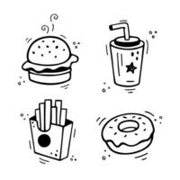 schnell Essen Symbole einstellen - - Burger, Französisch Fritten, Papier Tasse mit trinken, Kuchen, Krapfen. Hand gezeichnet schnell Essen Kombination. Comic Gekritzel skizzieren Stil. Vektor Illustration