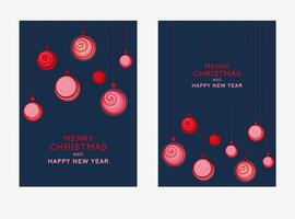uppsättning mall av högtider, jul, ny år kort med vektor hand dragen jul bollar. vektor illustrationer av utskrift, Instagram affisch, företags- inbjudan, hälsning kort.