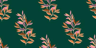 künstlerisch nahtlos Muster mit abstrakt, tropisch Blätter. Vektor Hand gezeichnet skizzieren mit Blumensträuße Blätter auf ein dunkel Grün Hintergrund. Vorlage zum Textil, Mode, drucken, Oberfläche Design